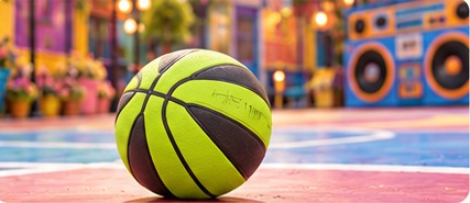 A bright green basketball on Wonkee's colorful neighborhood court.